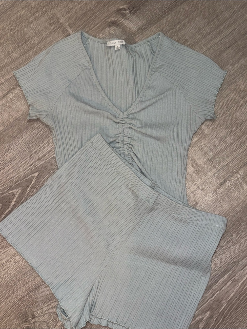 Love Tree Dusty Blue Ribbed Ruched Crop Top & Lounge Shorts Set - Picture 3 of 3